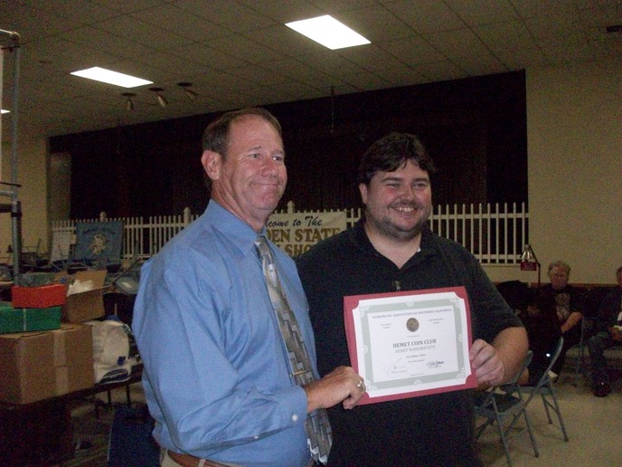 Hemet Numismatists Receives NASC's 1st Place Newsletter Award . Jim Phillips editor accepts certificte from NASC Pres Mike Kittle at the GSCS Awards Recognition Dinner August 26, 2017